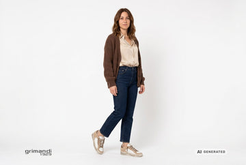 Sneaker Crime London donna indossate con jeans indaco, blusa seta champagne e cardigan a maglia grossa cioccolato. Outfit 2