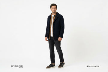 Sneaker Crime London uomo indossate con jeans nero slavato, t-shirt bianca, overshirt lana cammello e cappotto blu notte. Outfit 2