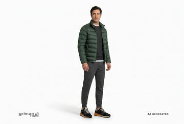 Sneaker Crime London uomo indossate con jogger grafite, maglia merino antracite, t-shirt bianca e piumino verde bosco. Outfit 1