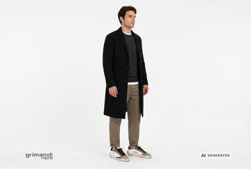 Sneaker Crime London uomo indossate con chino fango, maglia merino antracite, t-shirt bianca e cappotto nero. Outfit 1