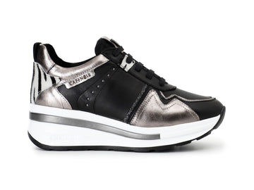 CafèNoir Sneaker Lacci con Zeppa Tomaia Animalier e Pelle Nera C1DN1005-N059