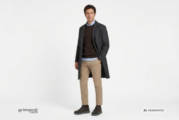 Sneaker Geox uomo indossate con chino sabbia, camicia Oxford azzurra, pullover merino cioccolato e cappotto antracite. Outfit 1