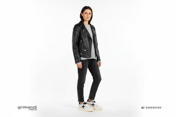 Sneaker Munich donna indossate con jeans nero délavé, maglia mohair grigio perla e chiodo ecopelle nera. Outfit 2