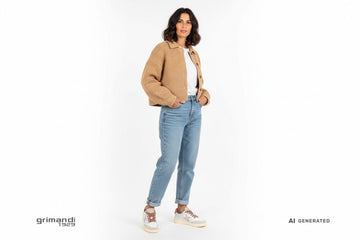 Sneaker Munich donna indossate con jeans mom-fit azzurro vintage, cardigan sabbia e piumino corto. Outfit 2