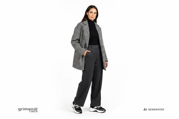 Sneaker Munich donna indossate con pantalone lana antracite, lupetto nero e cappotto over spigato. Outfit 1