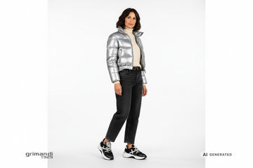 Sneaker Munich donna indossate con jeans barrel nero slavato, dolcevita cashmere burro e piumino metallico argento. Outfit 2