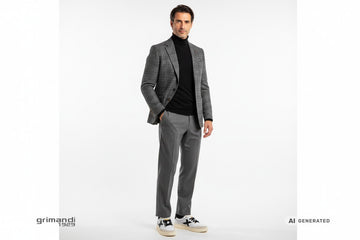 Sneaker Munich indossate con pantalone flanella grigia lungo, dolcevita merino nero e blazer Principe di Galles. Outfit 1