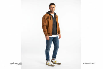 Sneaker Munich indossate con jeans denim medio-scuro, felpa zip antracite e bomber tabacco. Outfit 2