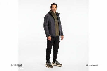 Sneaker Munich indossate con cargo tecnico nero, pile sherpa fango e giacca Gore-Tex antracite. Outfit 1