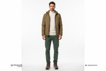 Sneaker SUN68 indossate con cargo ripstop verde bosco, dolcevita shetland écru e giacca termica antivento fango. Outfit 1