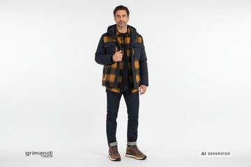 Sneaker SUN68 indossate con denim indaco cimosato, overshirt macro-quadri ocra e parka corto navy. Outfit 2