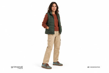 Sneakers Victoria donna indossate con cargo ripstop sabbia, maglione di lana ruggine e gilet trapuntato verde bosco. Outfit 1