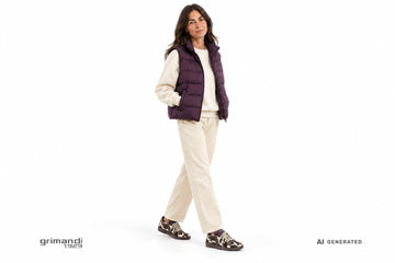 Sneakers Victoria donna indossate con pantaloni in velluto panna, felpa écru e gilet imbottito prugna. Outfit 1