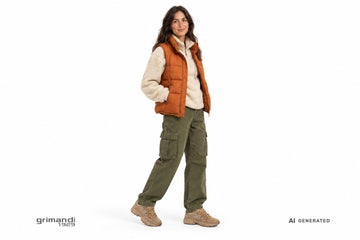 Sneakers Victoria Mythos donna indossate con cargo verde oliva, felpa sherpa burro e piumino smanicato arancio bruciato. Outfit 1