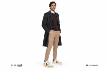 Sneakers Victoria Seul uomo indossate con pantalone flanella cammello, maglione merino cioccolato e cappotto scuro monopetto. Outfit 1