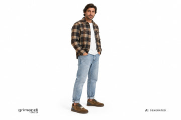 Sneakers Victoria uomo indossate con jeans chiari risvoltati, t-shirt bianca, overshirt flanella a quadri e berretto scuro. Outfit 2