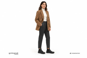 Stivaletti FRAU donna indossati con pantaloni in lana antracite, dolcevita avorio e blazer doppiopetto cammello. Outfit 1