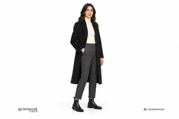 Stivaletti FRAU donna indossati con pantaloni in lana antracite, dolcevita panna e cappotto lungo in panno nero. Outfit 1