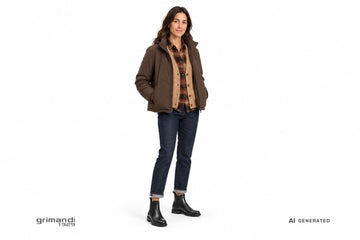 Stivaletti FRAU donna indossati con jeans indaco, camicia in flanella a quadri, cardigan cammello e giacca fango. Outfit 2