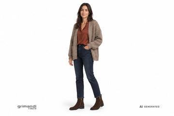 Stivaletti FRAU donna indossati con jeans indaco, blusa in seta ruggine e cardigan boxy in maglia pesante tortora. Outfit 2