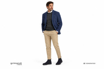 Stivaletti FRAU uomo indossati con chino in cotone sabbia, camicia bianca, maglia merino antracite e giacca blu. Outfit 1