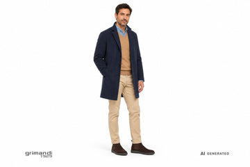 Stivaletti FRAU uomo indossati con chino sabbia, camicia denim, pullover merino cammello e cappotto blu notte. Outfit 1