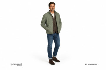 Stivaletti FRAU uomo indossati con jeans risvoltati, t-shirt avorio, cardigan in maglia fango e giacca trapuntata salvia. Outfit 2
