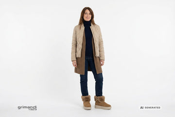 Stivaletti Melluso donna indossati con jeans indaco, dolcevita cashmere navy, cardigan bouclé fango e giacca trapuntata sabbia. Outfit 2