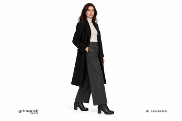 Stivaletti NeroGiardini donna indossati con pantaloni in lana gessata antracite, dolcevita cashmere panna e cappotto nero. Outfit 1