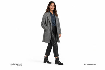 Stivaletti NeroGiardini donna indossati con pantaloni in ecopelle nera, camicia denim scuro e cappotto grigio melange. Outfit 1