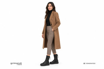 Stivaletti NeroGiardini donna indossati con pantaloni in twill tortora, dolcevita cashmere nero e cappotto cammello. Outfit 1
