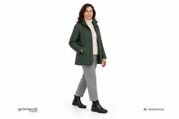 Stivaletti Valleverde donna indossati con pantaloni in lana cotta grigio perla, dolcevita avorio e giacca trapuntata verde. Outfit 1
