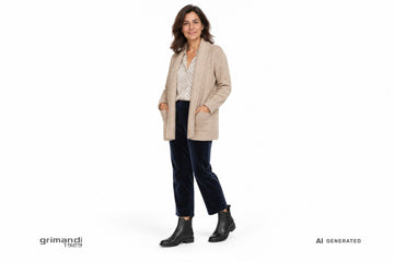 Stivaletti Valleverde donna indossati con pantaloni in velluto blu notte, blusa fantasia e cardigan a scialle color sabbia. Outfit 2⠋