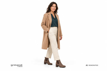 Stivaletti Valleverde donna indossati con pantaloni in maglia crema, blusa ottanio e giacca di panno cammello. Outfit 1