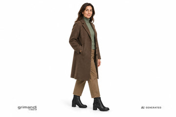 Stivaletti Valleverde donna indossati con pantaloni in twill nocciola, dolcevita verde salvia e cappotto monopetto fango. Outfit 1