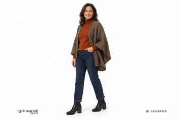 Stivaletti Valleverde donna indossati con jeans scuri, dolcevita ruggine e cappa in lana bouclé color fango. Outfit 2
