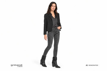 Stivali NeroGiardini donna indossati con pantaloni slim in denim antracite, blusa scura e giacca corta in panno nero. Outfit 2