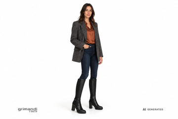 Stivali NeroGiardini donna indossati con jeans skinny scuri, blusa in seta ruggine e blazer in lana spinata antracite. Outfit 2