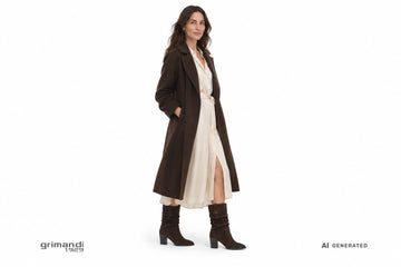 Stivali NeroGiardini donna indossati con chemisier midi panna con spacco e cappotto lungo a vestaglia cioccolato. Outfit 1