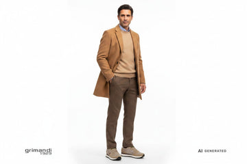 Sneaker SUN68 indossate con pantalone flanella moka, maglione biscotto e cappotto monopetto cammello. Outfit 1