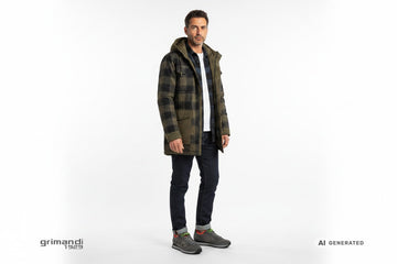 Sneaker SUN68 indossate con denim indaco cimosato, overshirt flanella antracite e parka idrorepellente fango. Outfit 2