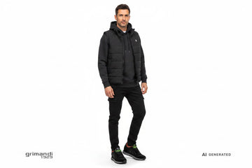 Sneaker SUN68 indossate con cargo nero opaco, felpa antracite con cappuccio e gilet imbottito nylon. Outfit 1