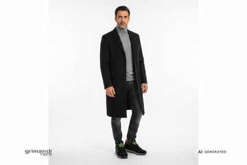 Sneaker SUN68 indossate con denim nero slavato, dolcevita merino grigio piombo e cappotto over panno scuro. Outfit 2