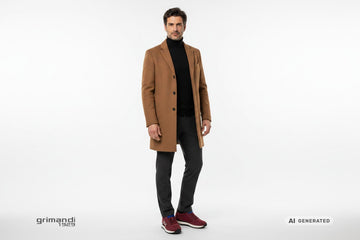 Sneaker SUN68 indossate con pantalone flanella antracite, dolcevita merino nero e cappotto cammello scuro. Outfit 1