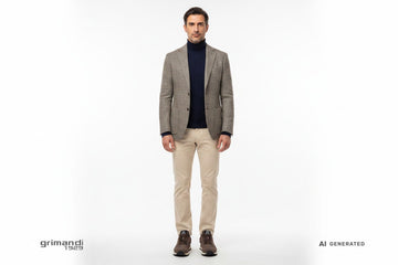 Sneaker SUN68 indossate con pantalone twill panna, dolcevita cashmere navy e blazer micro spina di pesce. Outfit 1