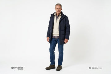 Polacchini Valleverde uomo indossati con jeans scuri, camicia a microquadri grigi e bordeaux, cardigan panna e piumino navy. Outfit 2