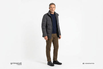 Scarponcini Valleverde uomo indossati con pantaloni fustagno fango, pullover merino navy e giaccone antracite. Outfit 1