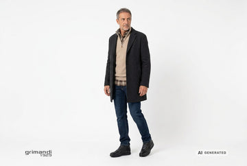 Scarponcini Valleverde uomo indossati con jeans scuri, camicia a quadri marrone-beige, maglia sabbia e cappotto antracite. Outfit 2