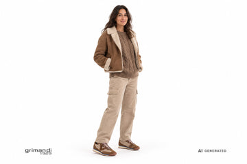 Sneakers Victoria donna indossate con cargo in velluto sabbia, maglia di lana nocciola e giacca scamosciata montone. Outfit 1