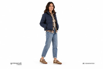 Sneakers Victoria donna indossate con jeans mom vintage risvoltati, overshirt in flanella e piumino blu navy. Outfit 2